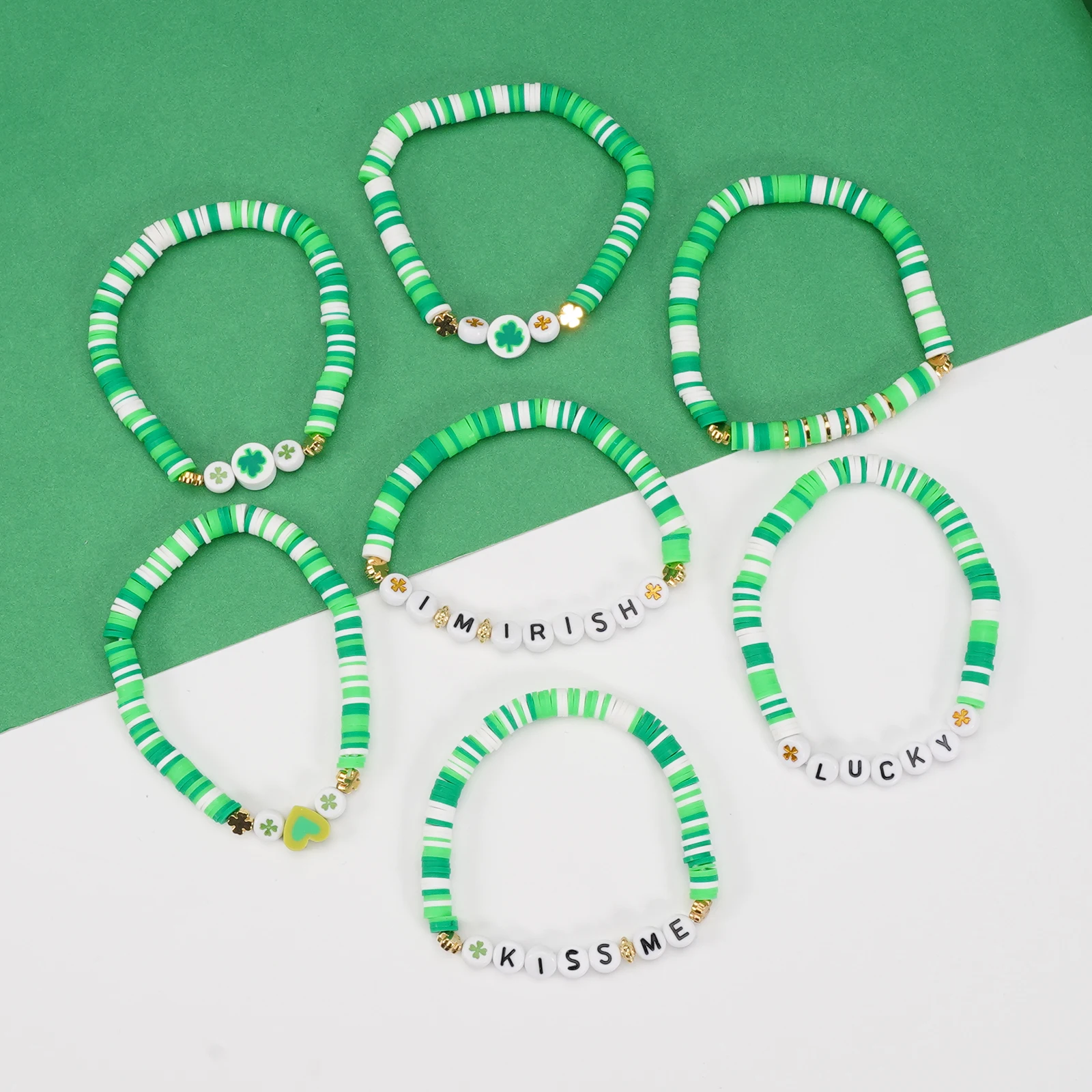 St. Patrick's Day Bracelet for Women Clay Bead Bracelet Heishi Surfer Bracelets Set Lucky Shamrock Stackable Stretch Bracelets