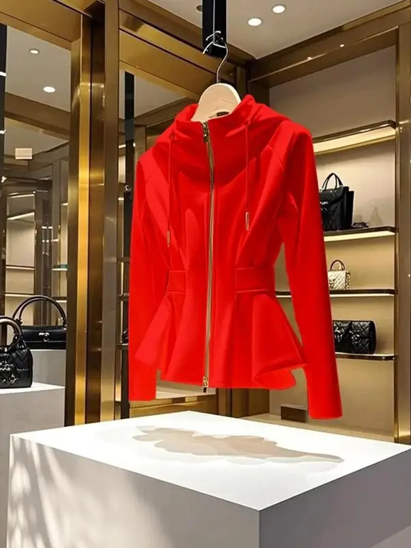 Red Hooded Jacket Women's Outerwear Waist-Cinching Zipper Short Top Commute Style Long Sleeve Regular Length Zipper Closure