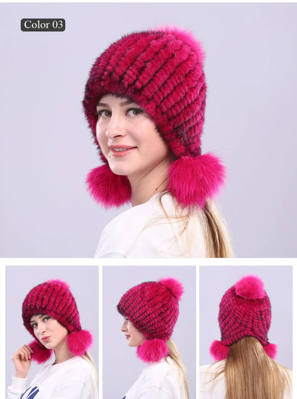 Echte Nerz Pelzmütze mit Fuchspelz Ball Ohrenschützer Schutzkappe Wintermütze für Frauen Russische Trapper Herbstmütze Beanie Herbstmütze – Detail 6