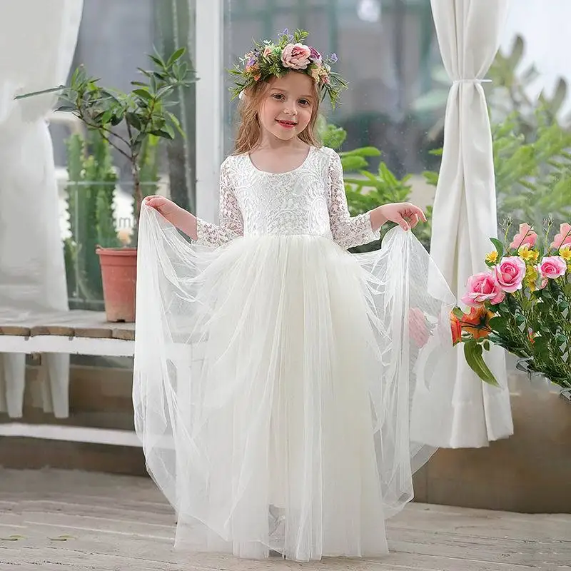 New Summer Elegant Flower Girl White Wedding Lace white girl long dress Sleeve Mesh Girl Princess Dress backless girls aged 8-12