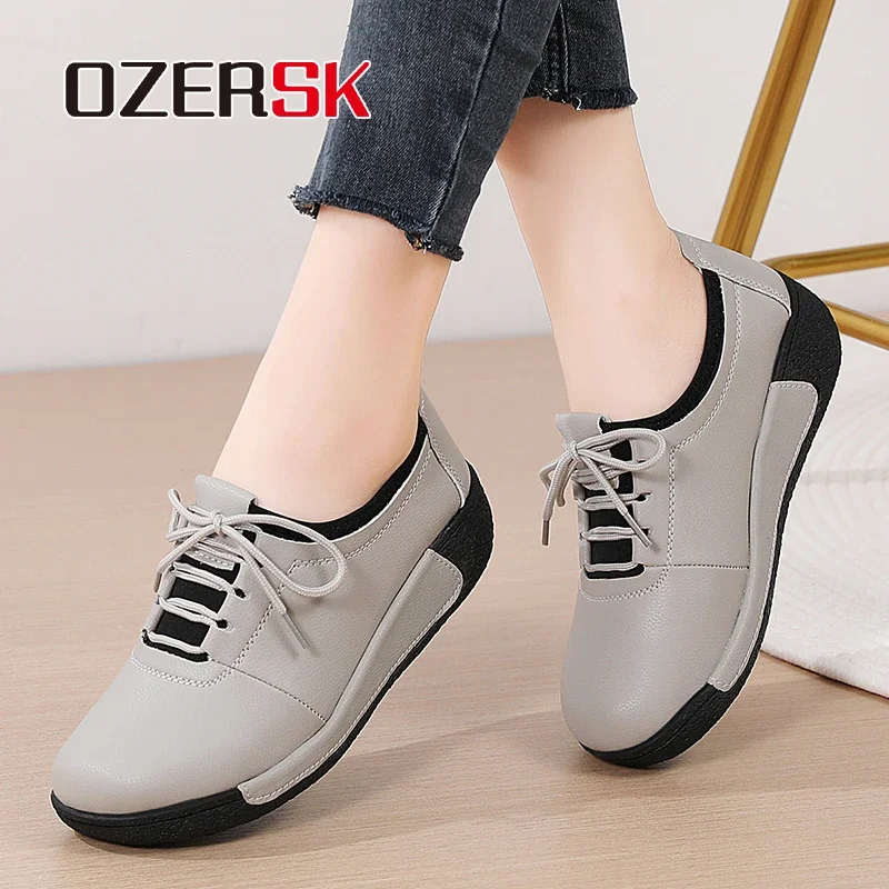 OZERSK Women's Casual Shoes Quality Cow Leather Lace Up Fashion Breathable Ladies Soft Wear-Resistant Platform Shoes Size 35-41