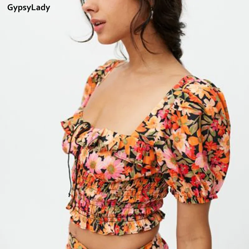 GypsyLady Floral Boho Cropped Blouse Shirt Boho Sexy Holiday Women Blouse Puff Sleeve Backless Chic Beach Ladies Female Top new