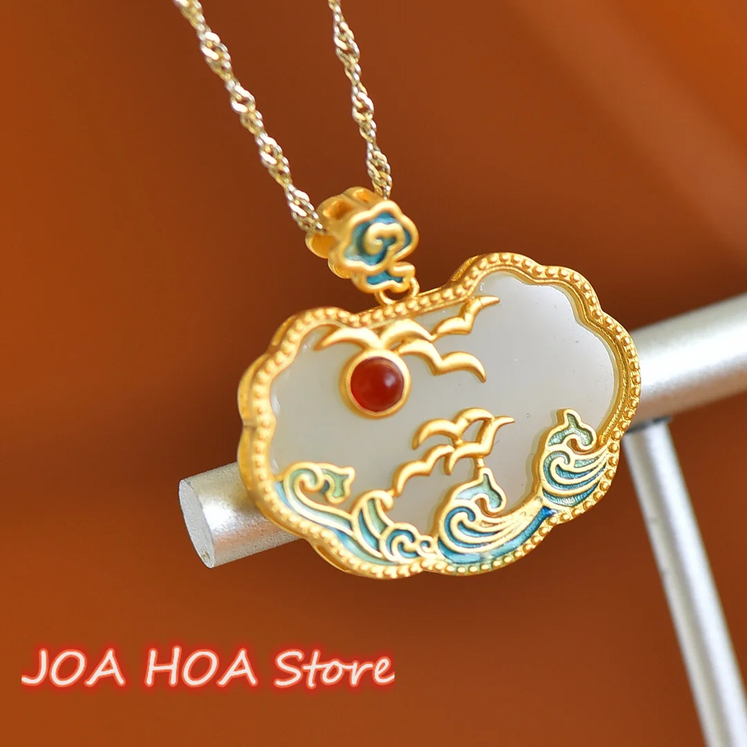 Exquisite Complex Ancient Craftsmanship Silver Inlaid Hetian Jade Tar Ruyi Lock Cloisonne Flat Fashion Pendant Necklace Jewelry