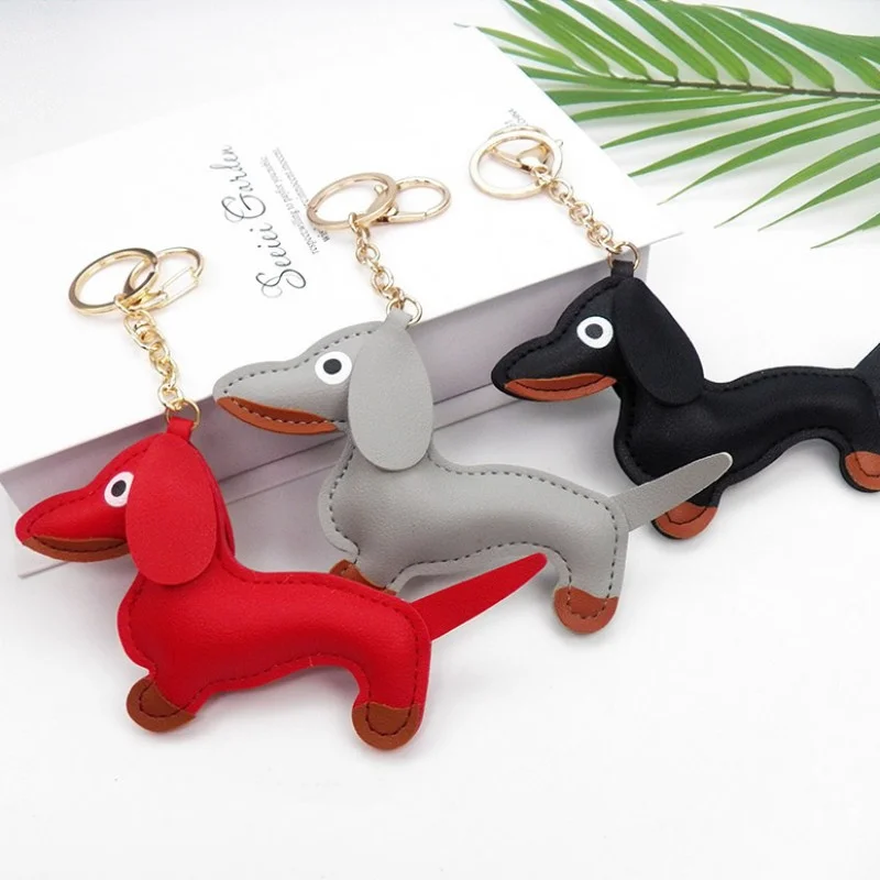 2023 NEW Punk Puppy Dachshund Keychain PU Leather Dog Keychains for Women Bag Pendant Jewelry Trinket Men\'s Car Key Ring Chain