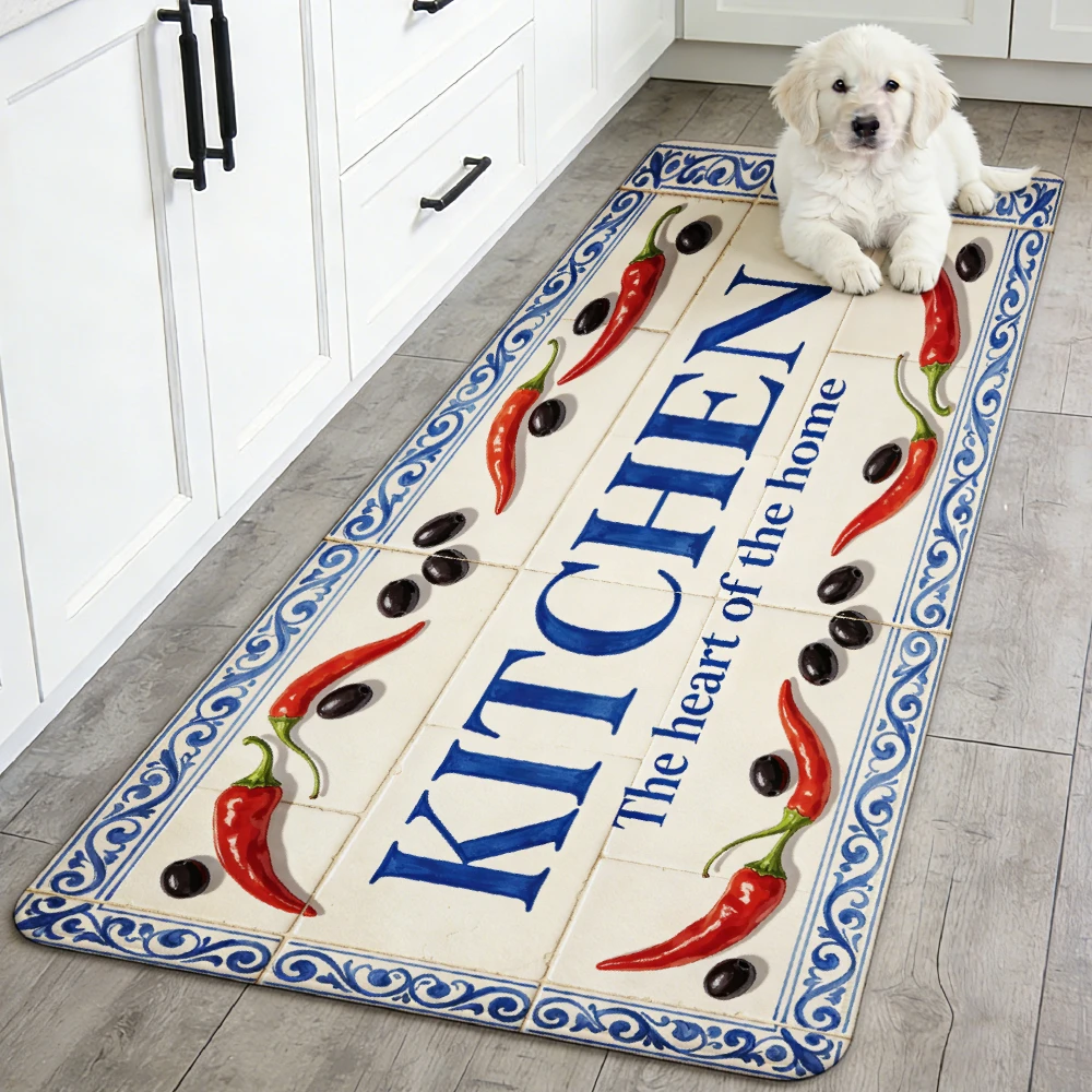 Retro Mediterranean Tile Chili Olive Floor Mat Non Slip Quick Dry Runner Large Kitchen Letter Pattern Carpet for Kitchen Counter