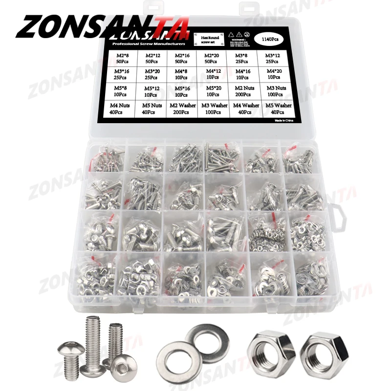 M2 M2.5 M3 M4 M5 304 Stainless Steel Screw Allen Hexagon Hex Socket Button Round Pan Head Screws Bolt Nut Washer Set Box Kit