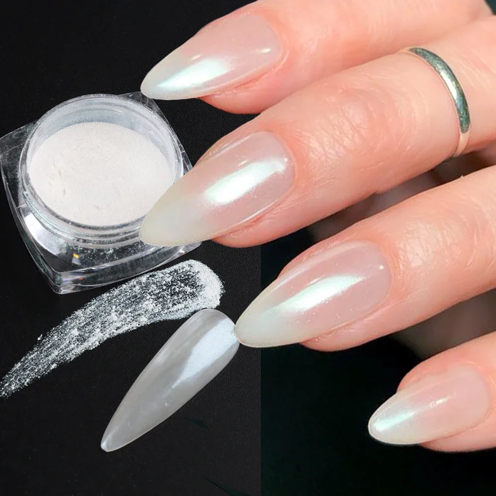 Polvo de uñas de perla cromada blanca, polvo de frotamiento de sirena Aurora, purpurina para arte de uñas, efecto espejo, decoraciones de manicura, LEBY459