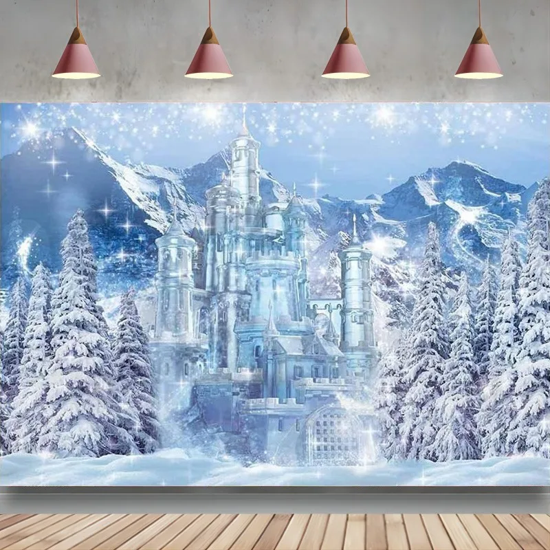 Winter Castle Photography Backdrop Blue Ice Forest Wonderland Background Snow Mountian Pine Tree Party Decoration Photo Booth