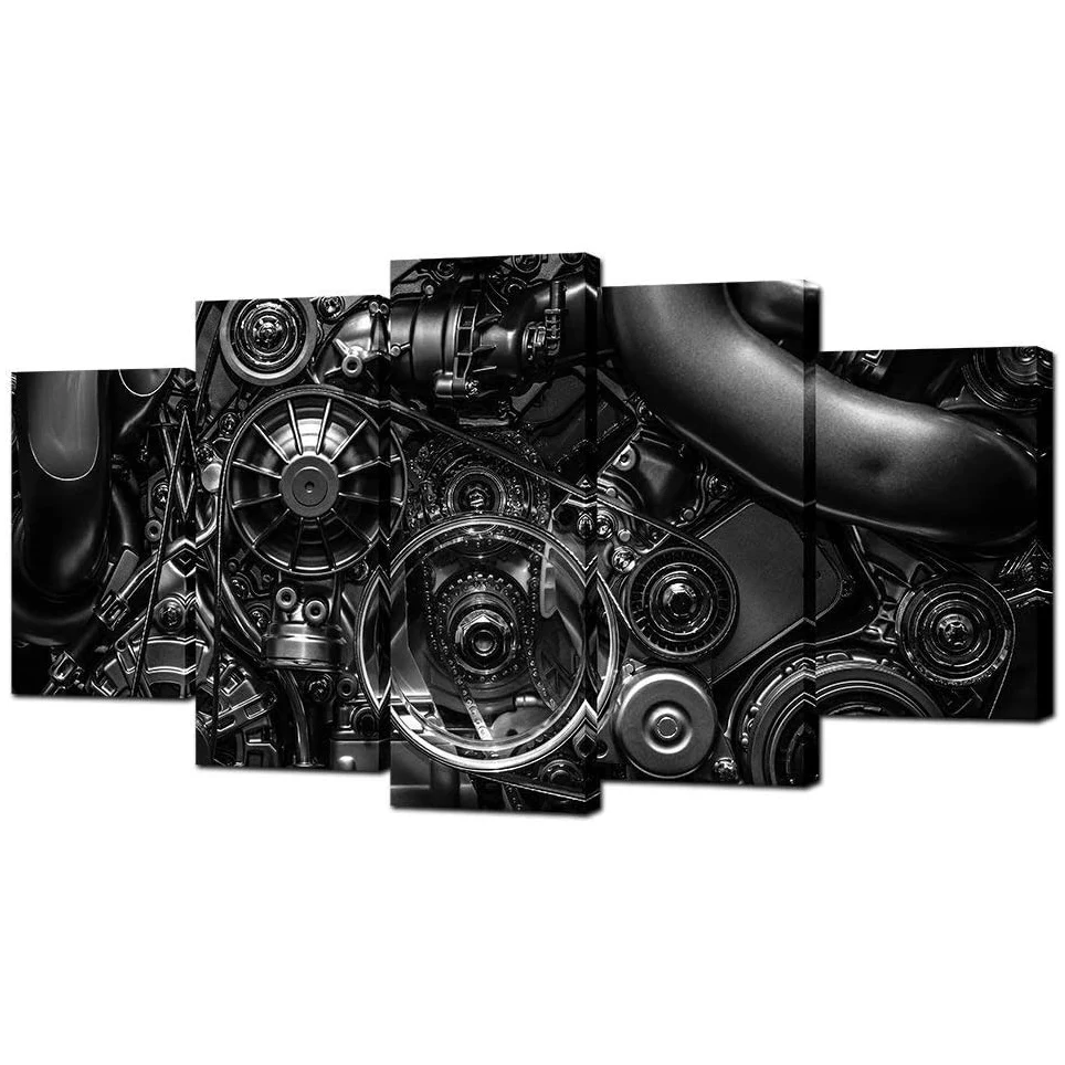 No Framed Canvas 5 Panel Engine Engineering Closeup Gear and Chain HD Decorative Wall Art Posters Pictures Home Decor Paintings