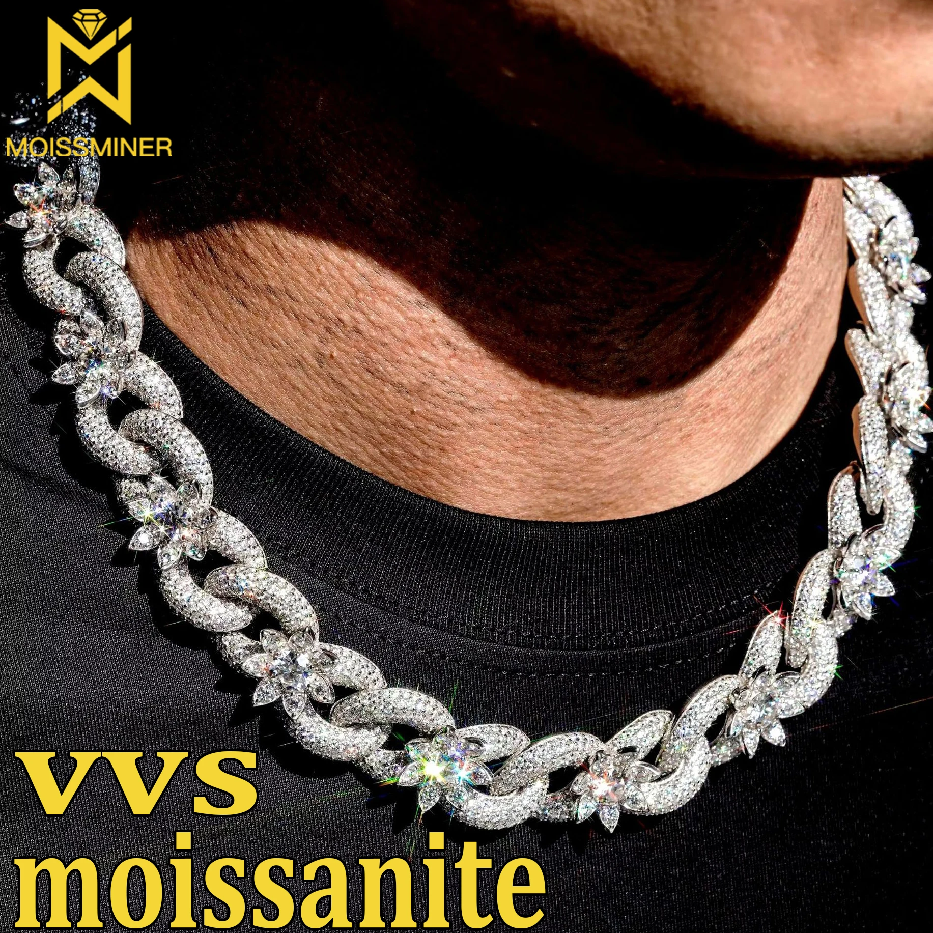 18mm Moissanite Flower Eight Character Chain S925 Silver Necklace For Men Iced Out Chain Hip Hop Jewelry Pass Diamonds Tester