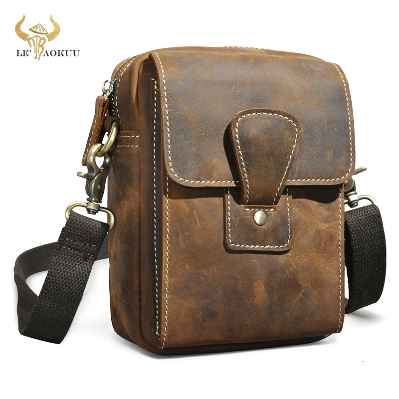 

Thick Crazy Horse Leather Travel Vintage Fanny Waist Belt Bag Chest Pack Sling Bag Design Phone Cigarette Case For Men Male 1535