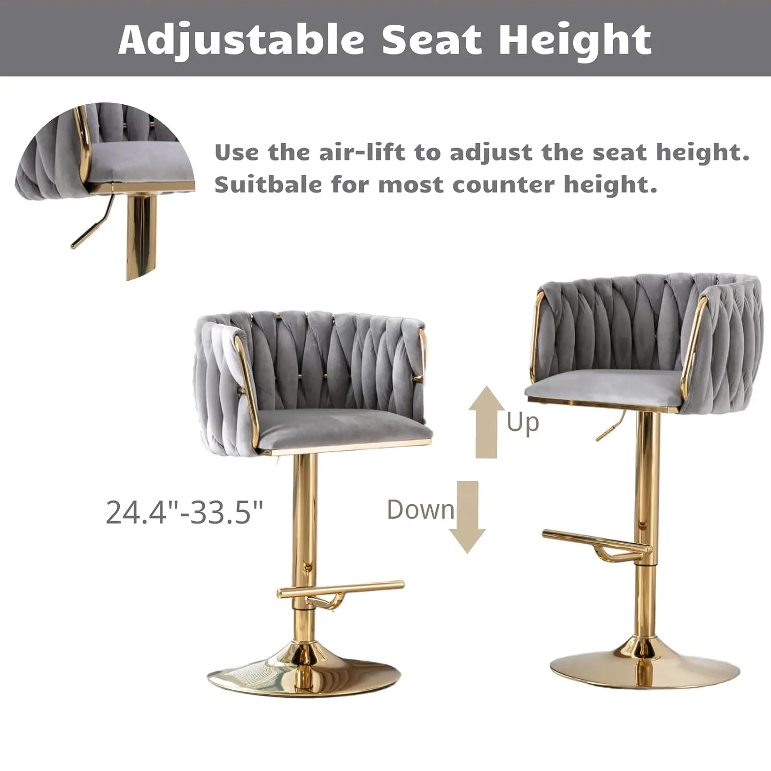 Adjustable Swivel Bar Stools Set of 2 Velvet Woven Back Gold Base Counter Height Kitchen Island Grey Customized