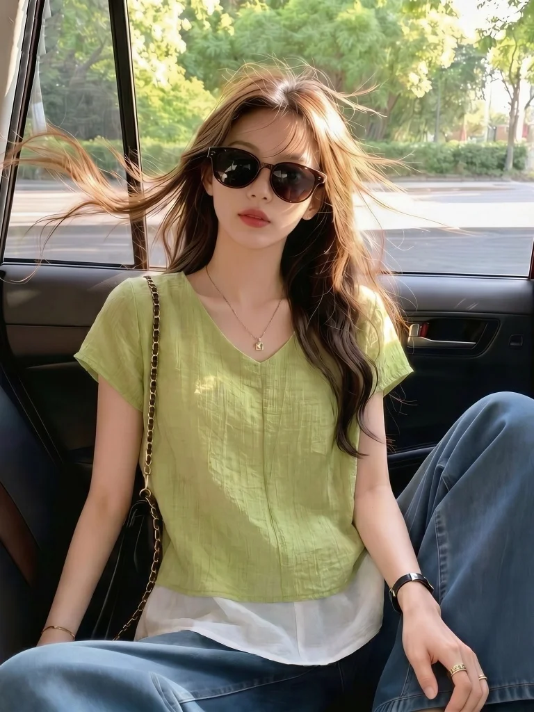 

Green V-Neck Short Sleeve Shirt Women's Summer New Large Size Fat MM Anti-Aging Small Shirt Fake Two-Piece Top Commute Style ...