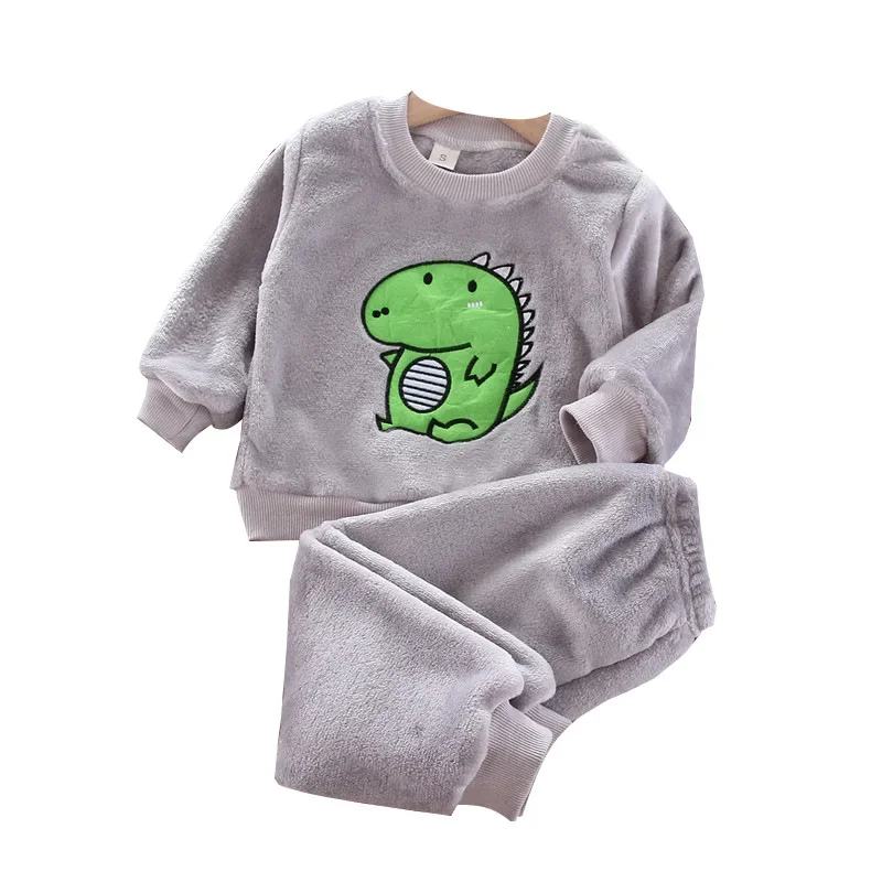 2024 Winter Mädchen Jungen niedlichen Cartoon warmen Fleece Dino Pyjama Anzug Baby Kinder Kinder 2 stücke Schlaf kleidung Set