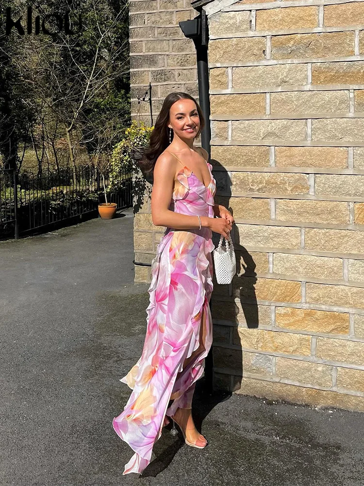 Kliou-女性用シフォンドレス、ミッドカーフストリートウェア、k24d46121、キャミス、レース、ボディシェーピング、スリム、夏