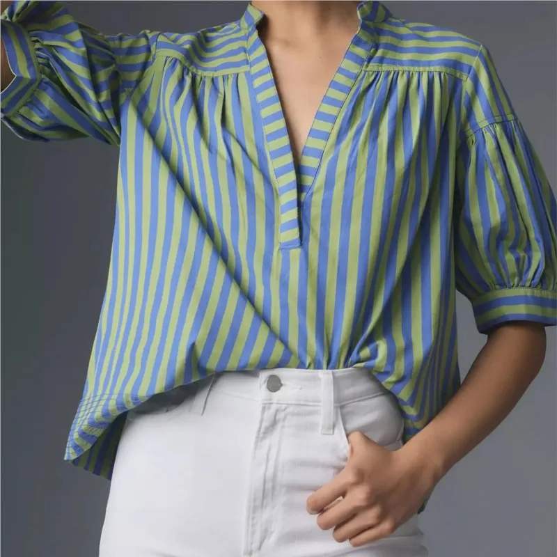 

Casual Loose Striped Print Blouse Half Sleeve Streetwear Pullover Women Korean Version Blouse Blusas Cuello V Mujer Summer Tops