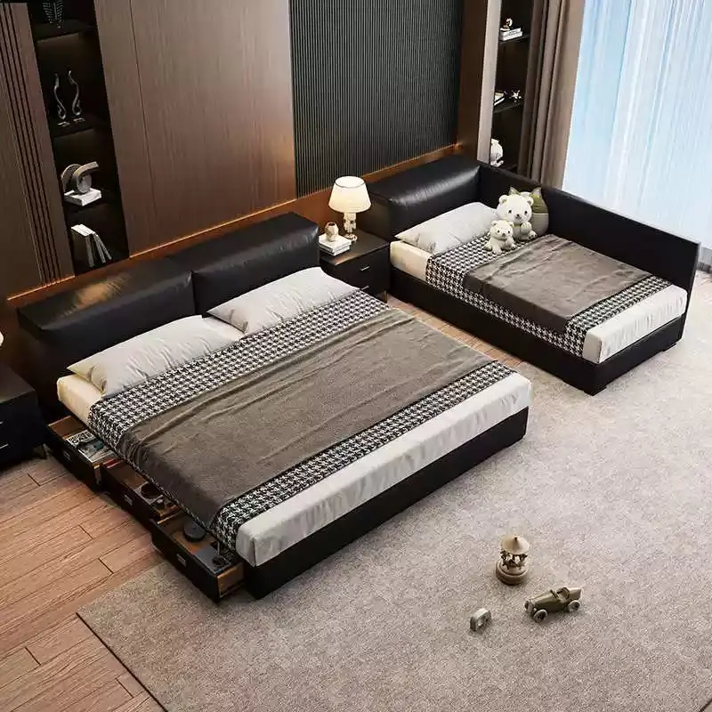 Leather parent-child bed family of three master bedroom mother and child bed splicing family three widened bed