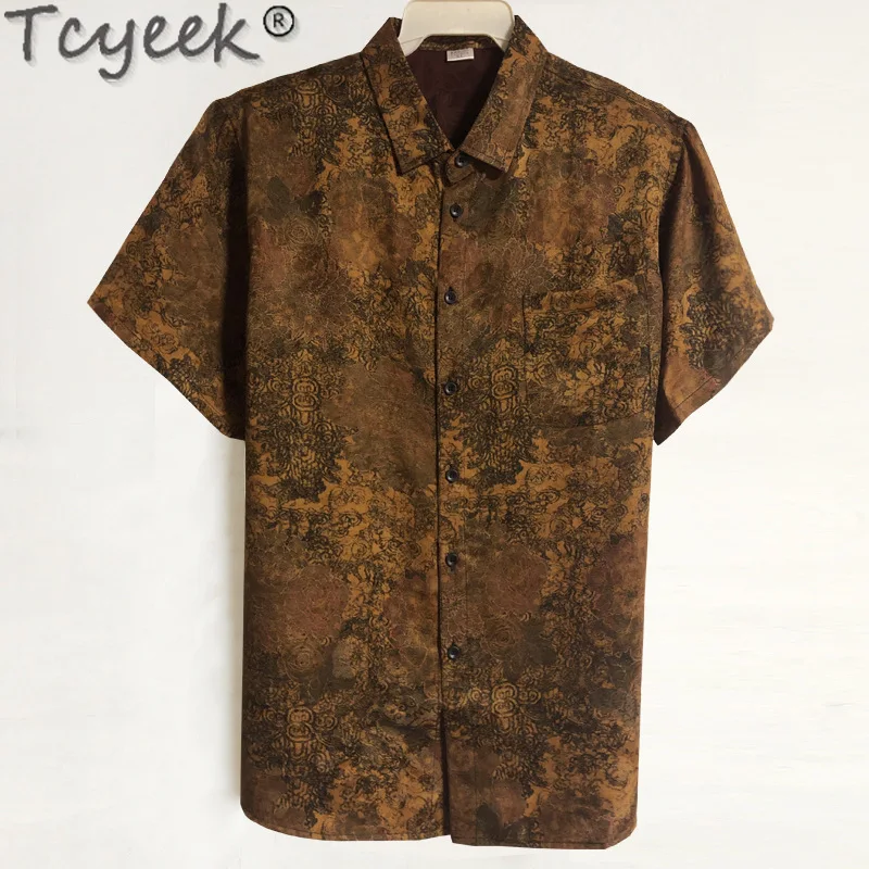 Tcyeek 100% Real Mulberry Silk Shirt Men Summer Clothes 5 Colors Fashion Short Sleeve Top Casual Mens Shirts Chinese Style 2024