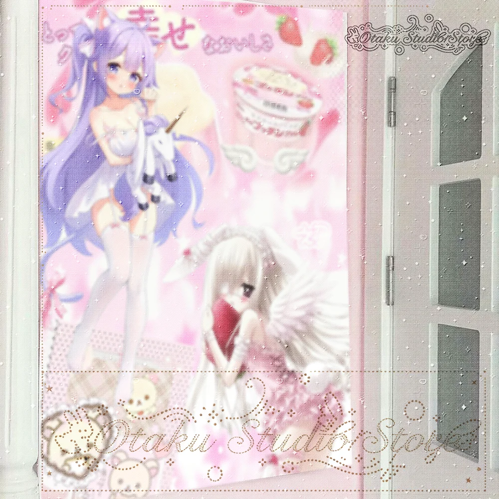 ハラジュク Harajuku Dual Kemono Girl Collage Wall Tapestry やみかわいい Yami Kawaii Rorita Unicorn Strawberry Cute Bear Print Pink Pastel B