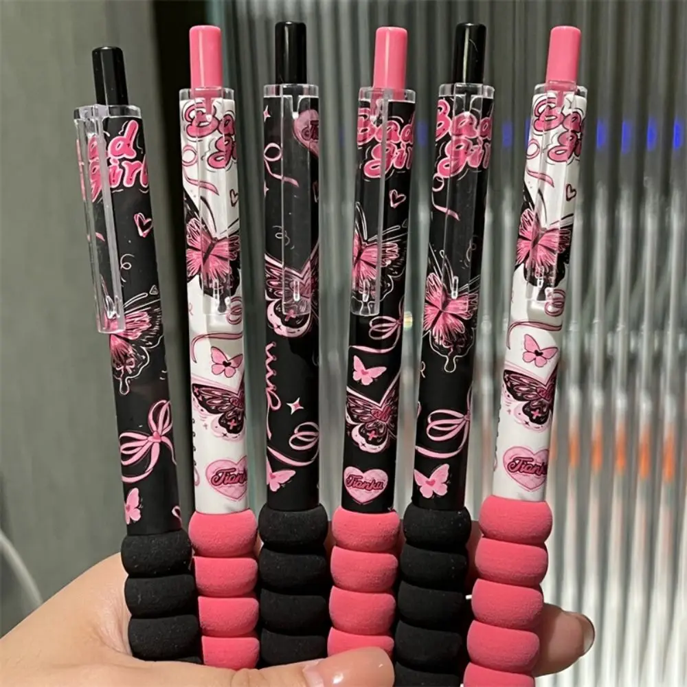 4PCS/Set ST Tip Gel Pen Press Type Soft Grip Ballpoint Pen Butterfly Rose Series 0.5mm Black Ink Signature Pen School Office