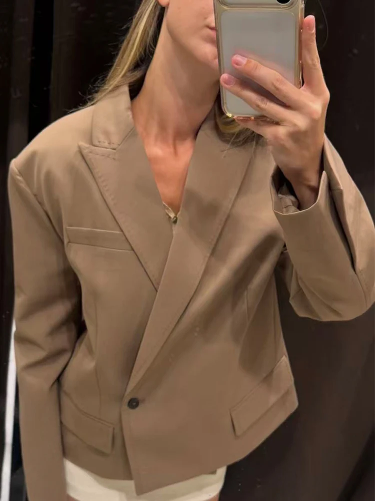 TFMLN Solid Cropped Blazers For Woman Trend Autumn New All-match Notched Collar Crop Suit Jacket Chic Single Button Coat