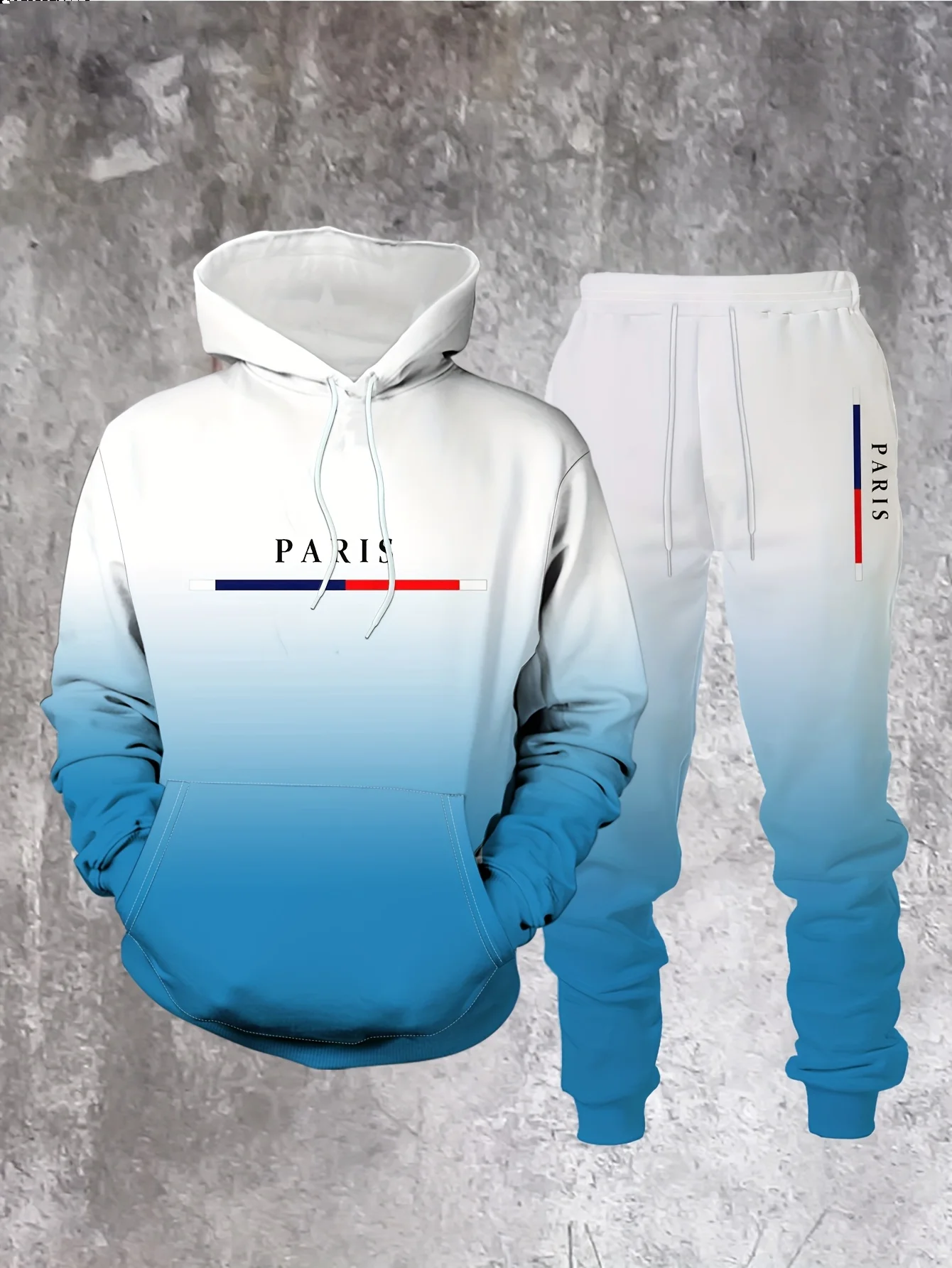 Farbverlauf Paris Trainingsanzug Outfit Herren Street Fashion 3D-Druck Sport Hoodie 2-teiliges Herbst/Winter Sweatshirt Jogginghose Set