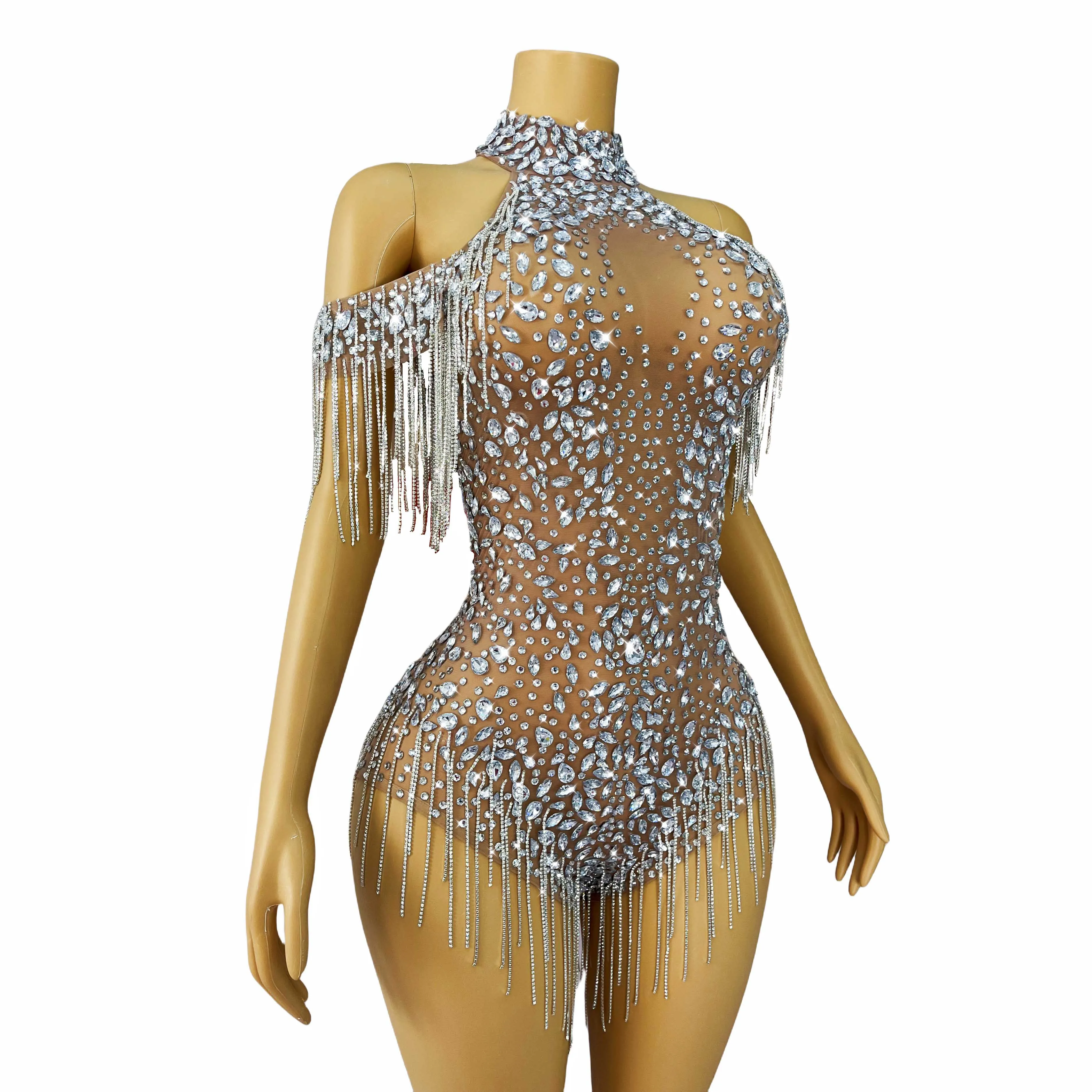Costume de spectacle pour filles, tenue de fête de luxe, strass brillants, chaîne de cristaux, épaules dénudées, fourchettes hautes, pour femmes, fête, chanteur, danse