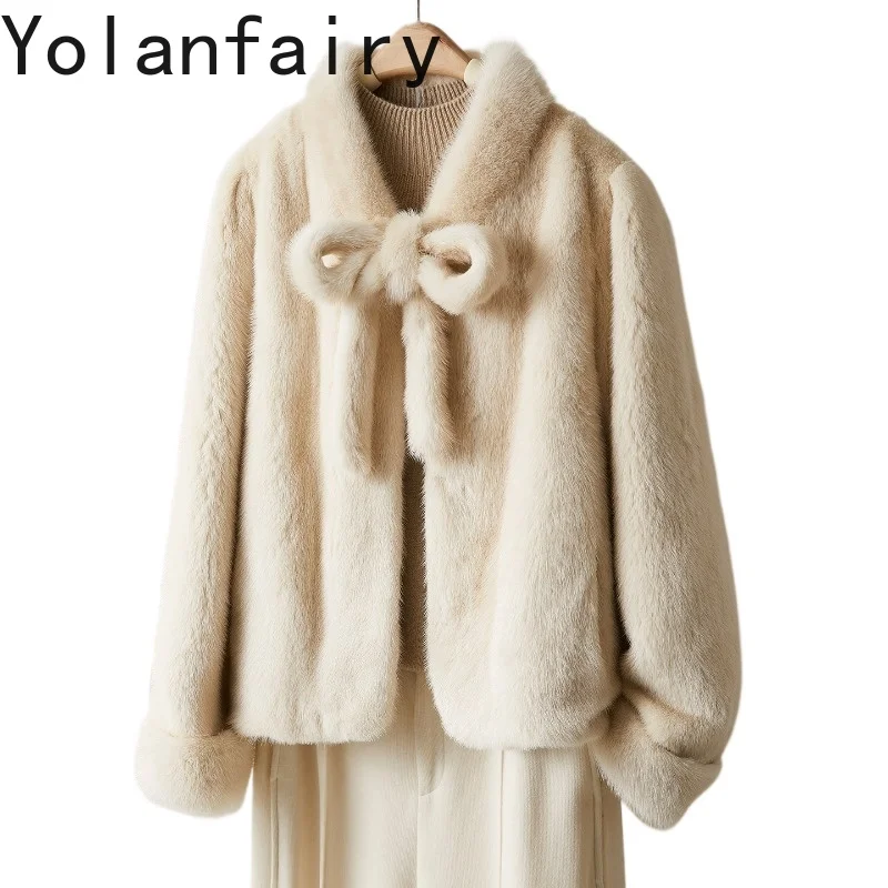 

YOLANFAIRY Натуральная шуба из меха норки для женщин, роскошная зимняя шуба из цельного меха, элегантная короткая бежевая шуба Fourrures