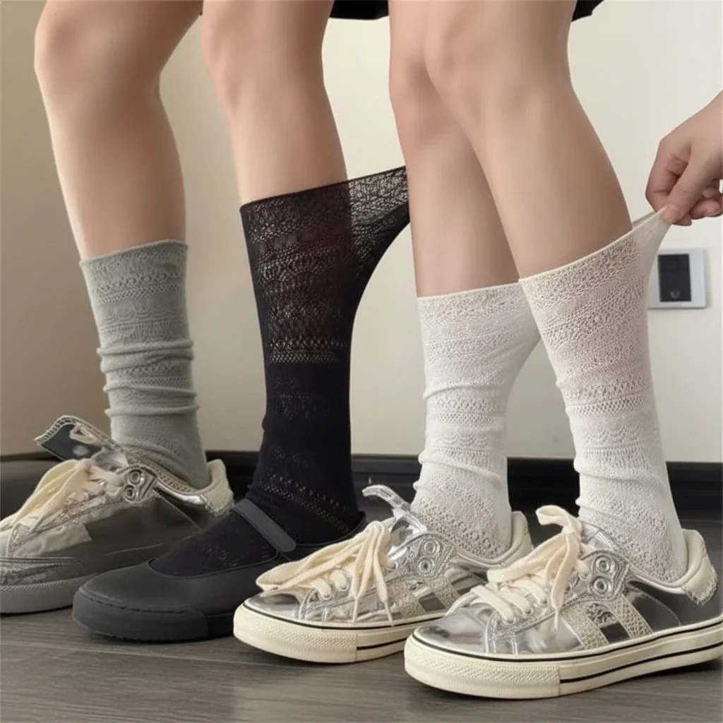 1 Pair Universal Lolita Mesh Hollowed Out White Pile Socks Thin Nylon Lace Socks Silk Transparent Crew Socks Women Ladies