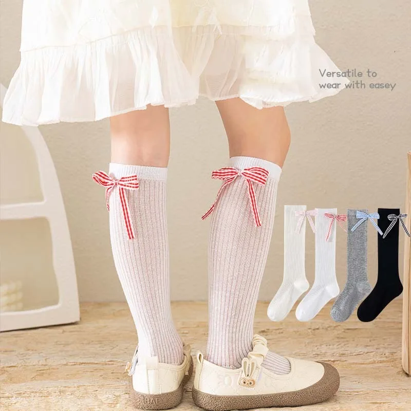Children Long Socks RAISE 1/4Pairs/lot Kids Princess Socks Plaid Bow 3-15Yrs Kids Girls Socks Junior Girls Ribbed Socks JK Socks