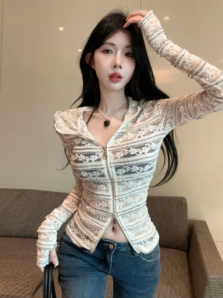 

Foamlina Модная полая кружевная толстовка с длинным рукавом Кардиган для женщин Y2K Уличная одежда Сексуальная тонкая футболка с длинным рукавом на молнии спереди Блузка