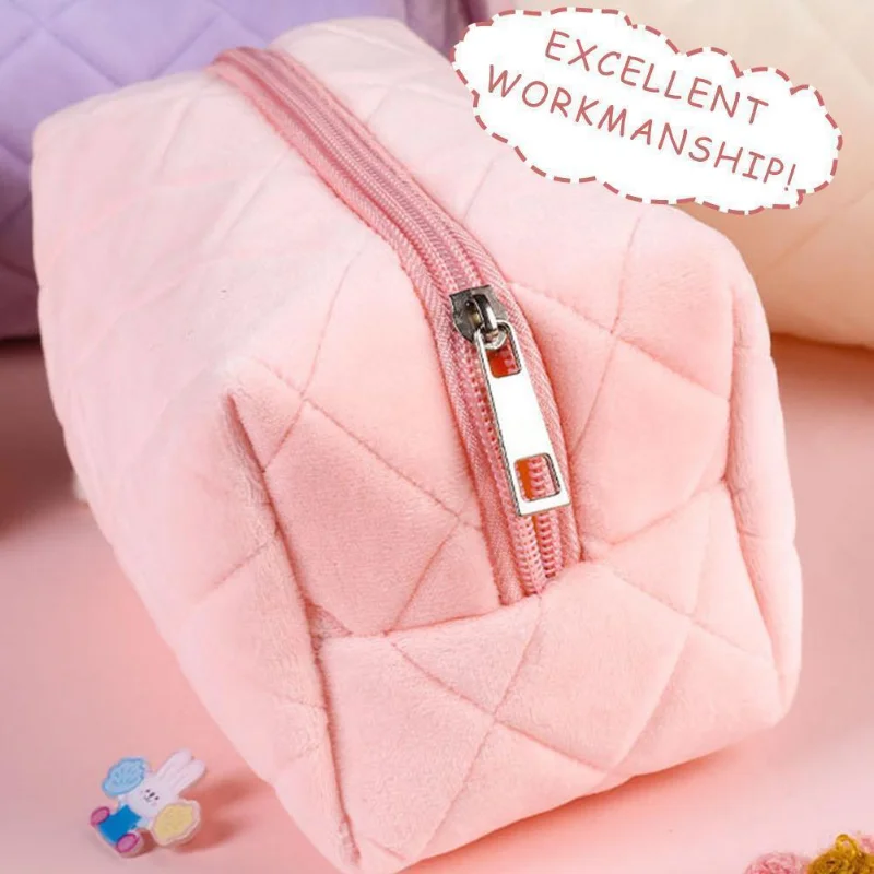 Large Capacity Pink White Blue Plush Makeup Bag Pencil Case Cute Student Storage Bag Soft Multifunctional Cosmetic Bag Organizer