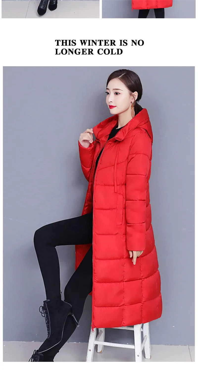 Winter 2023 New Down Cotton-Padded Jacket Long Loose Fashion Coat Thickened Outerwear Warm Zipper Hooded Solid Color Overcoat