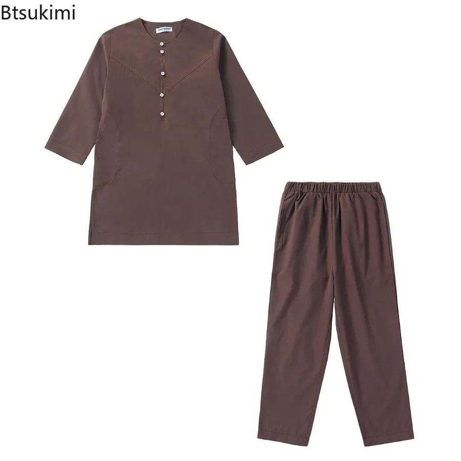 Thobe arabe Jubba pour enfants, robe et pantalon Abaya Ramadan, robe caftan pour enfants, ensembles musulmans, 2024, 2 pièces