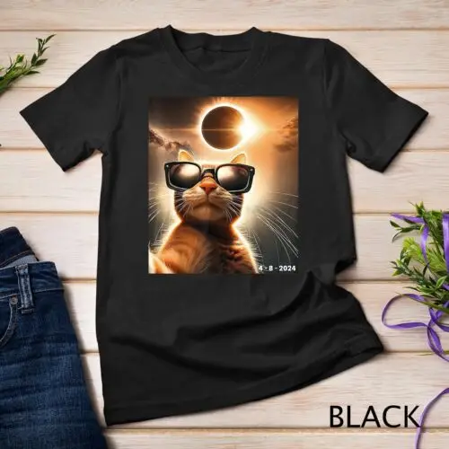 cat taking a selfie with solar 2024 eclipse wearing Glasses Unisex T-shirt