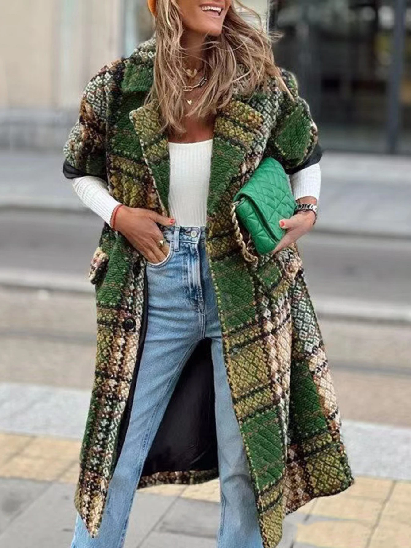 

Женская шикарная повседневная длинная куртка на осень-зиму в клетку контрастного цвета с лацканами, однобортный стильный топ для женщин