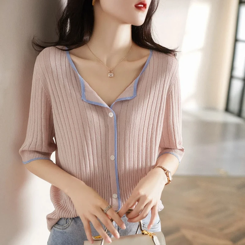 Korean Fashion Summer T-Shirts New Ice Silk Women's V-Neck Striped Button Simplicity Office Lady Loose Half Sleeve Knitting Tops