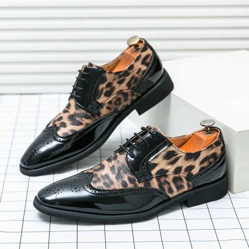 

Fashion Leopard Man Shoes Pointed-Toe Lace-up Leather Shoes For Men Luxury Comfortable Dress Shoes Man Plus Size 48 Oxford Shoes
