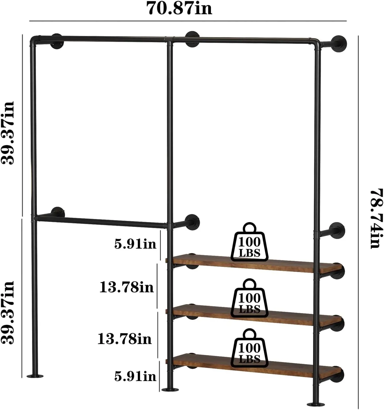 70.8 Inch Black Wall Mounted Industrial Pipe Garment Rack with Storage Shelves, Heavy Duty Multi-Purpose Wardrobe Clothes Hanging Closet Organizer view 6