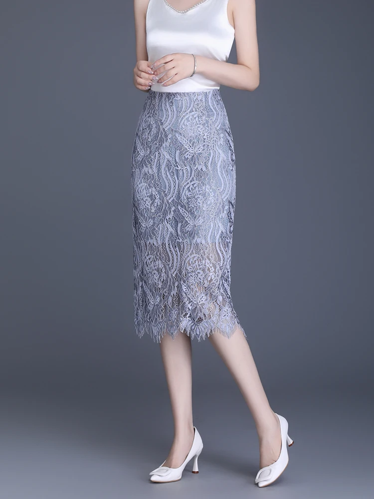 Elegant Lace Trim High Waist Midi Skirt Embroidered Hollow out Design Women's Fashion Spring Summer Autumn Seasonal Skirts