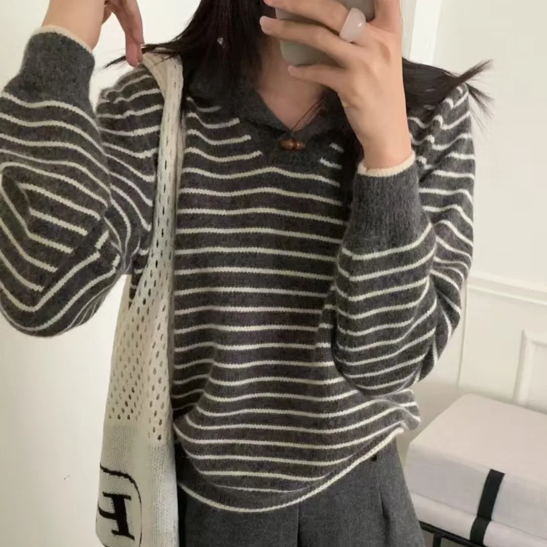 

Стильный осенне-зимний вязаный свитер с полосатым воротником для женщин, модный винтажный дизайн, универсальный, теплый, B3560, прямой крой, длинный рукав