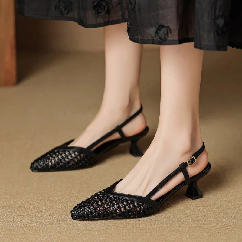 Women Slingback Sandals Pointed Toe Hollow Out Woven Mesh Low Heel Summer Party Wedding Shoes Breathable Office Lady Pumps