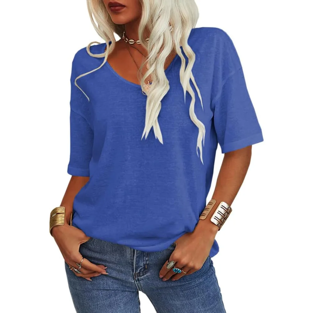 

Women's Short-sleeved T-shirt Summer V-neck Loose Pink Fashion Top Casual Black Street Basic White Tees Female Simple Outwear