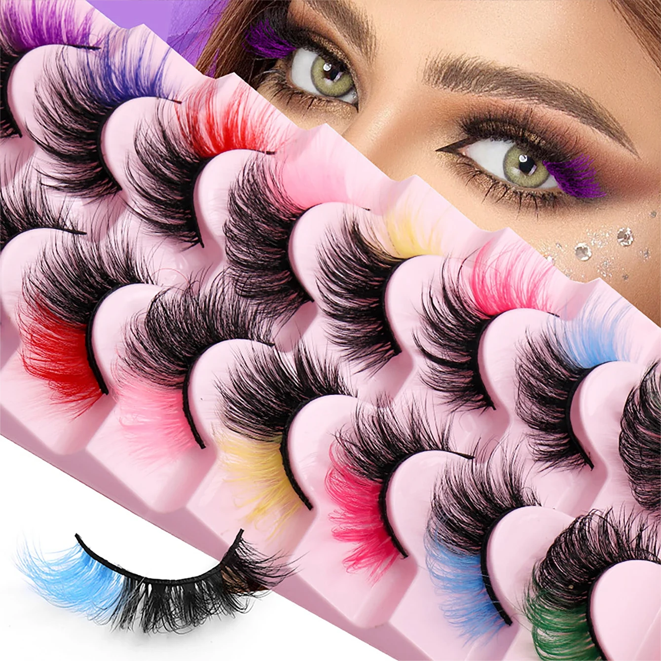 ステージメイクアップ宴会の8組のカラフルなまつげ、ふわふわで厚いアイメイクアップ - 明るい色、軽くて快適