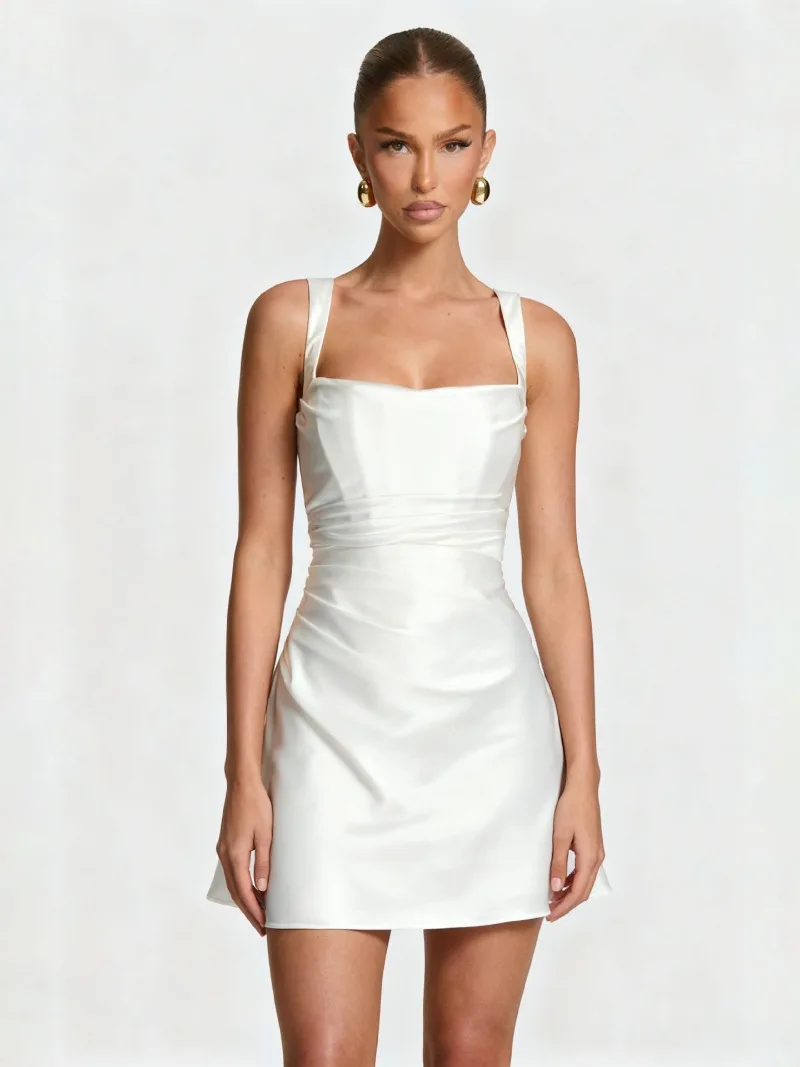 Elegantes Damen-Satin-Korsettkleid für Partys und Cocktails, Sexy Gerafftes A-Linien-Kleid mit Rückenbindung, Gästekleid für Abschlussfeier 2026, Gala-Abendkleid – Detail 10