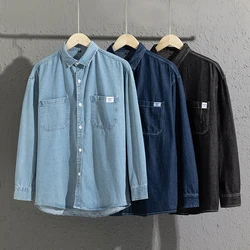 Denim long sleeved shirt, men's casual inch shirt, top for spring and summer, base shirt, loose blue jacket, plus size