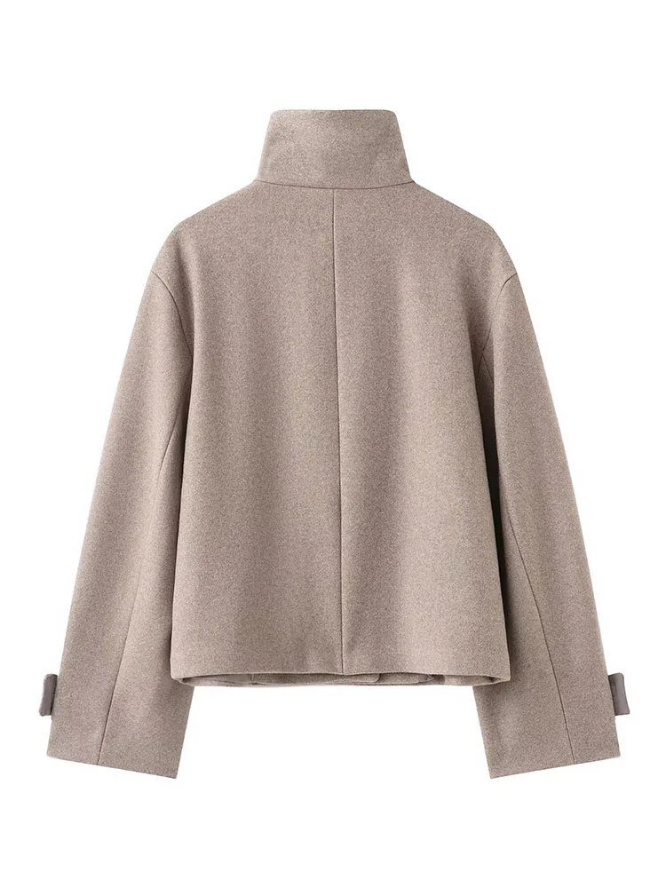 HH femmes automne hiver col montant haut bouton manches longues poches latérales simple boutonnage veste courte Style de rue veste