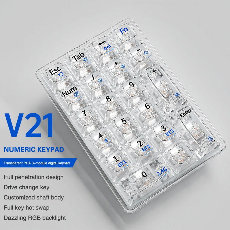 Mini Jelly Transparent Digital Keypad K21 Mechanical Keyboard Wireless Bluetooth Three Mode Mini Portable Small Keyboard