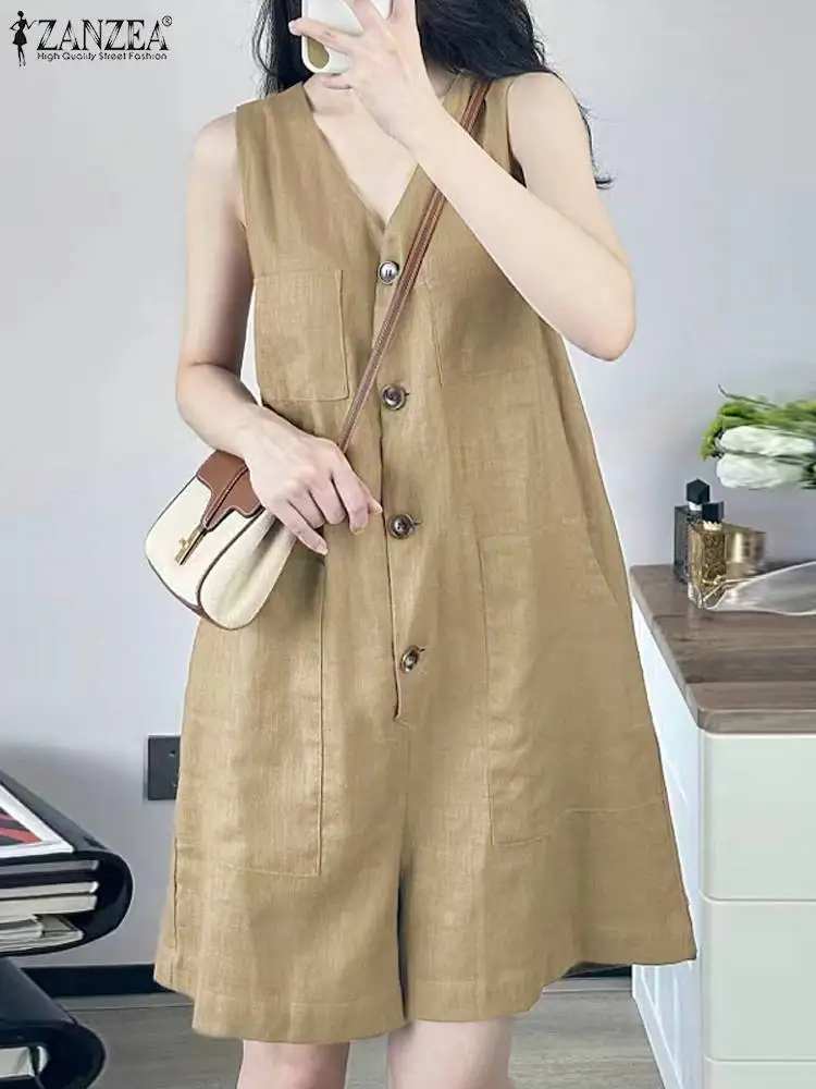 

ZANZEA Fashion Buttons Tank Jumpsuits Summer Sleeveless Rompers Women Casual Loose V-neck Playsuits Holiday Wide Leg Overalls