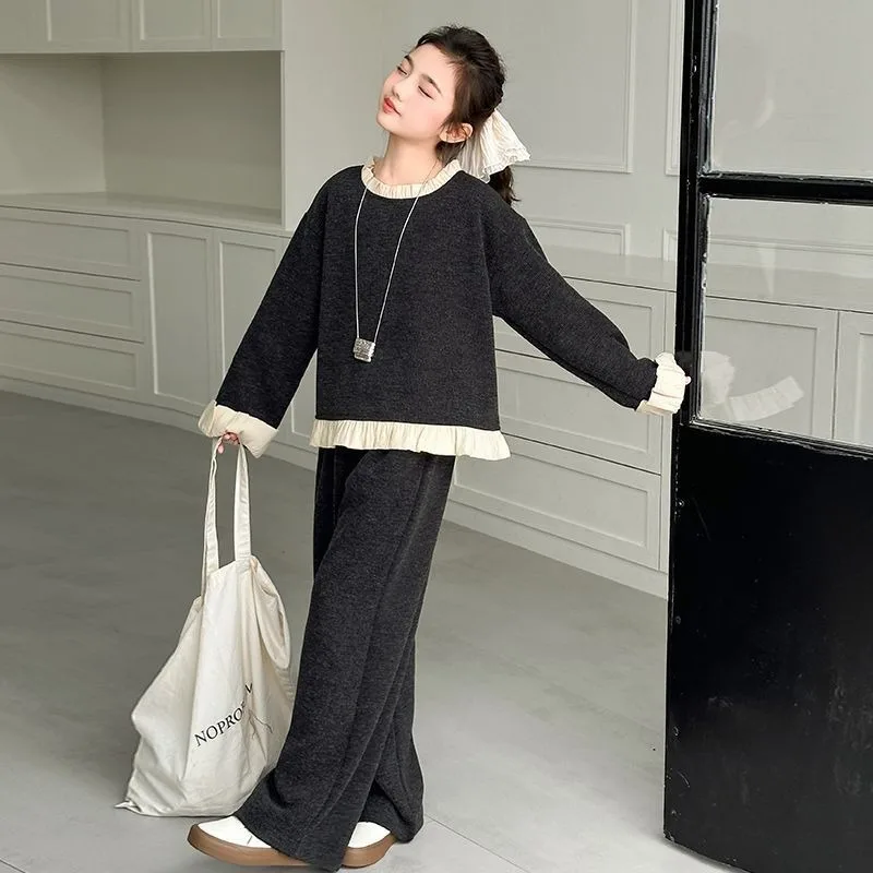 Wood Ear Lace Trim Matching Top and Pants Two-piece Set Sweatshirt & 2-Piece Girl's Girls Clothes From 11 To 12 Years Old Winter